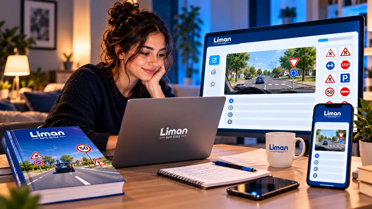 Leerling die online de theorie van rijbewijs B oefent op laptop en gsm